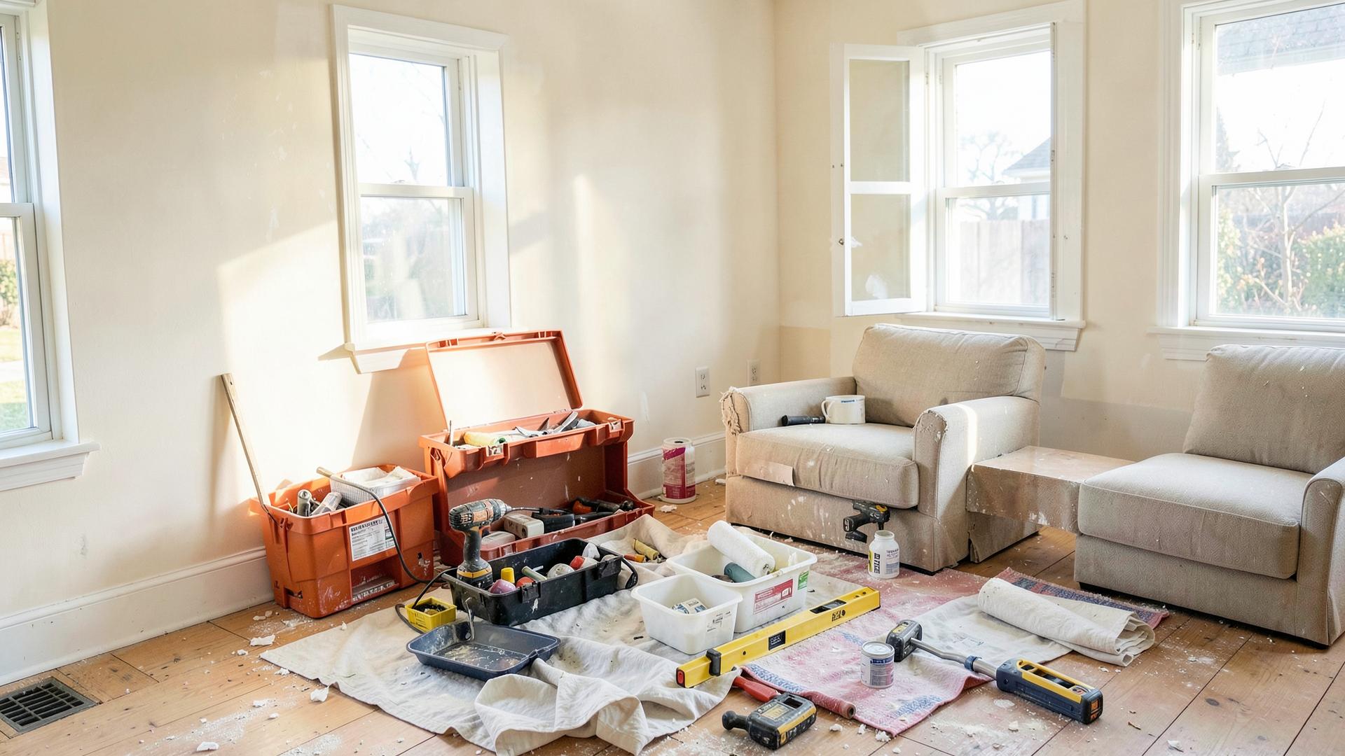 Bright living room prepared for DIY work with drills, paint, levels, and open toolboxes